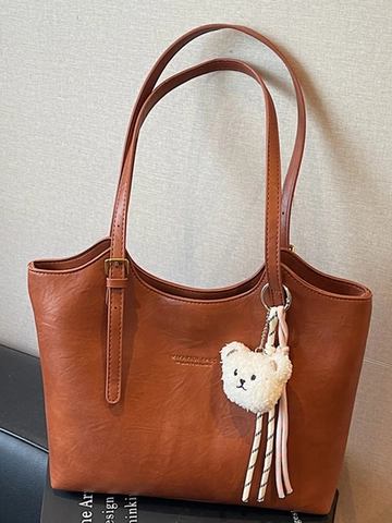Bolso Tote de Cuero PU Casual de Gran Capacidad para Mujer Con Colgante de Oso de Peluche Bolso de Hombro para Viaje Diario Color Sólido Minimalista con Cremallera
