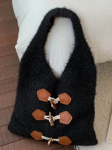Dames Gebreide Tote Bag Winter Grote Capaciteit Schoudertas Met Houtje-touwtje Sluiting Retro Gebreide Hobo Tas Voor Dagelijks