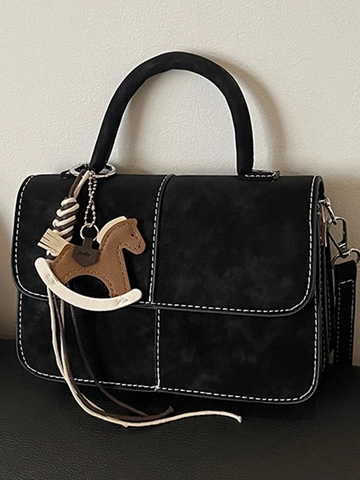 Borsa a Spalla in Pelle PU Opaca Retro da Donna Borsa a Tracolla Quadrata con Cuciture a Contrasto con Ciondolo a Cavallo Borsa a Mano da Pendolare