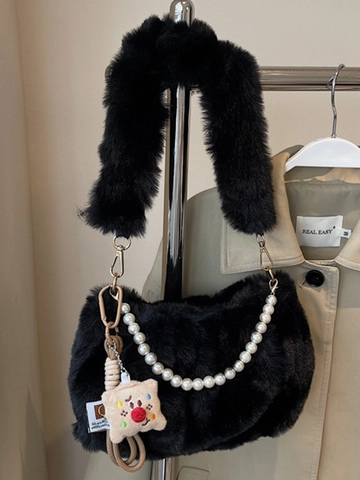 Borsa a Spalla in Peluche da Donna Moda Ecopelliccia Plissettata Sottobraccio Con Catena di Perle Artificiali e Charm