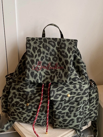 Women Vintage Leopard Print Canvas Backpack Large Capacity Fashion Preppy Style Drawstring Flap School Bag Daily Travel Bag
