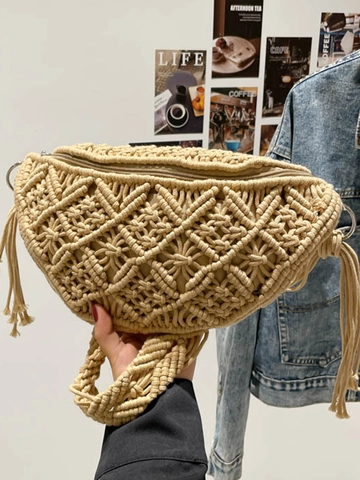 Handgefertigte Gewebte Stroh Umhängetasche Bohemian Halbmond Crossbody Tasche Für Damen Quaste Sommer Strandurlaub Reise Handtasche