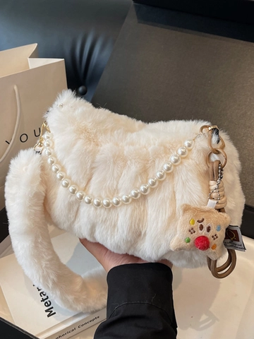 Borsa a Spalla in Peluche da Donna Moda Ecopelliccia Plissettata Sottobraccio Con Catena di Perle Artificiali e Charm