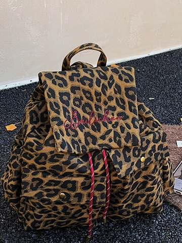 Women Vintage Leopard Print Canvas Backpack Large Capacity Fashion Preppy Style Drawstring Flap School Bag Daily Travel Bag