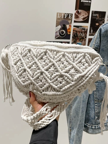 Handgefertigte Gewebte Stroh Umhängetasche Bohemian Halbmond Crossbody Tasche Für Damen Quaste Sommer Strandurlaub Reise Handtasche