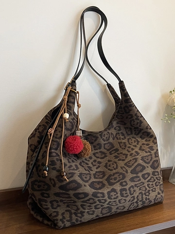 Vintage Leopard Muster Einkaufstasche Für Damen Große Kapazität Velours-Optik Stoff Mode Urban Casual Schultertasche Herbst Winter