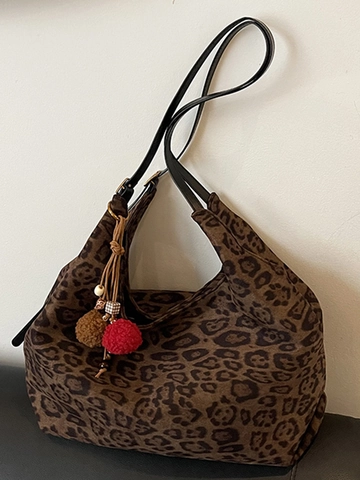 Vintage Leopard Muster Einkaufstasche Für Damen Große Kapazität Velours-Optik Stoff Mode Urban Casual Schultertasche Herbst Winter