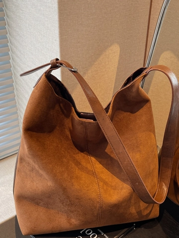 Women Large Capacity PU Tote Bag Minimalist Suede Texture Shoulder Bag Retro Commuter Handbag Solid Color Autumn Winter Bag