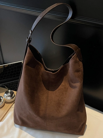 Women Large Capacity PU Tote Bag Minimalist Suede Texture Shoulder Bag Retro Commuter Handbag Solid Color Autumn Winter Bag