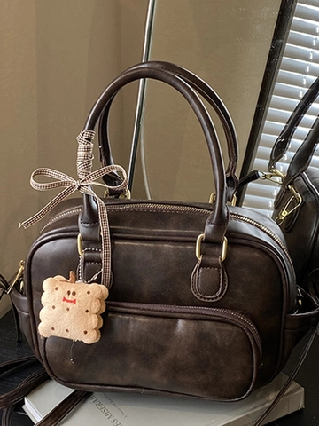 Vintage Damen PU Leder Boston Tasche Große Kapazität Schulter Umhängetasche Mit Karierter Schleife Und Plüsch Anhänger Casual Handtasche