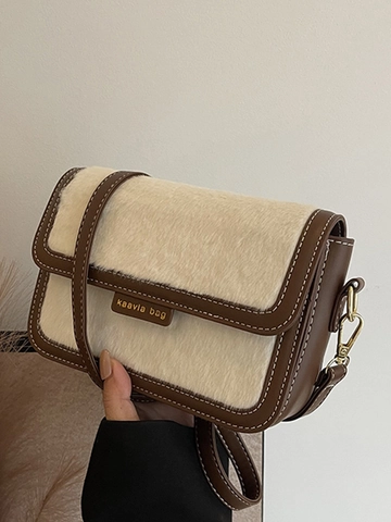 Bolso Cruzado de Moda para Mujer Color Block Invierno Cuero PU Felpa Bolso Cuadrado de Hombro con Correa Ajustable 2025