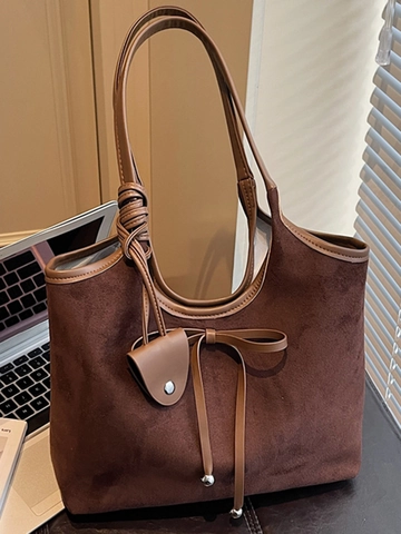 Grote Capaciteit Vintage Frosted Suède Stof Tote Bag Voor Dames Minimalistisch Strik Knoop Schoudertas Herfst Handtas