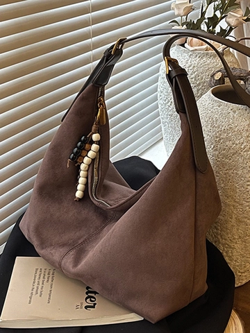 Damen Vintage Wildleder Hobo Tasche Große Kapazität Umhängetasche Mit Perlenanhänger Verstellbarer Gurt Minimalistisch Lässig Tote Bag