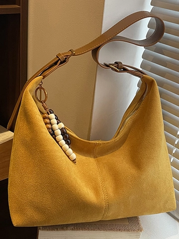 Damen Vintage Wildleder Hobo Tasche Große Kapazität Umhängetasche Mit Perlenanhänger Verstellbarer Gurt Minimalistisch Lässig Tote Bag