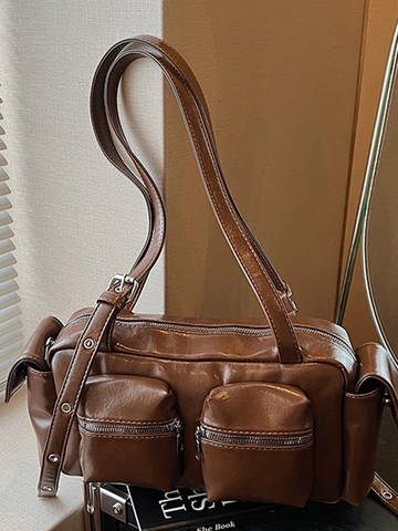 Borsa a Spalla da Donna in Pelle PU Retrò Borsa Sottobraccio alla Moda Multi-Tasche Borsa Baguette Casual per Lavoro Ufficio