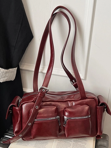 Borsa a Spalla da Donna in Pelle PU Retrò Borsa Sottobraccio alla Moda Multi-Tasche Borsa Baguette Casual per Lavoro Ufficio