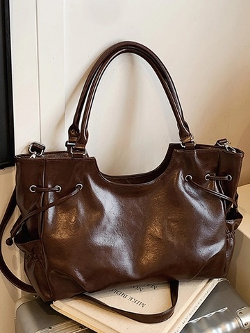 Borsa a Spalla in Pelle PU Vintage di Grande Capacità per Donna Borsa Tote Retro con Coulisse Borsa Hobo Pendolare Minimalista Elegante