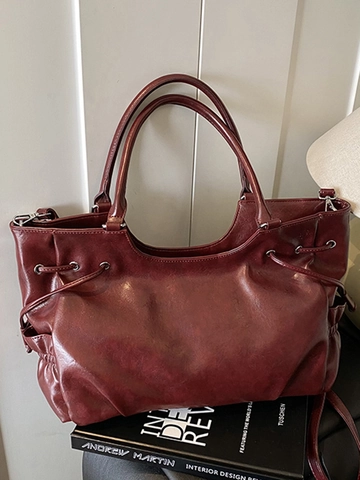 Borsa a Spalla in Pelle PU Vintage di Grande Capacità per Donna Borsa Tote Retro con Coulisse Borsa Hobo Pendolare Minimalista Elegante