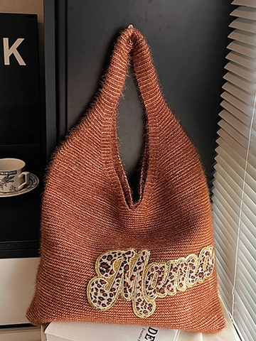 Dames Grote Capaciteit Breisel Tote Bag Pluizig Herfst Winter Luipaard Letter Applicatie Schoudertas Casual Handtas