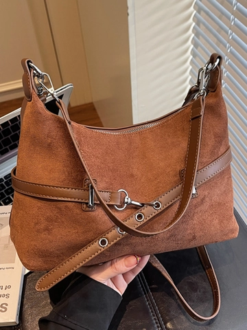 Vintage Women Large Capacity PU Shoulder Bag Minimalist Suede Texture Square Satchel Silver Hardware Office Commuting Bag