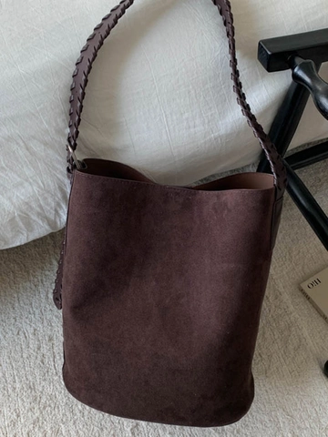 Borsa a Secchiello da Donna in PU Aspetto Scamosciato Grande Capacità Borsa a Spalla Con Tracolla Intrecciata Urban Minimalist