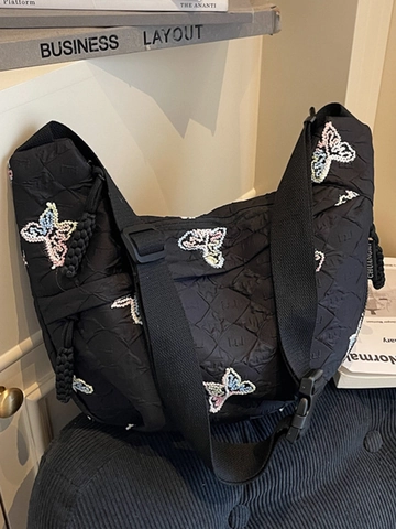 Borsa a Spalla Trapuntata con Ricamo Farfalla da Donna Borsa a Tracolla a Mezzaluna con Tracolla Larga Tote alla Moda Casual Grande Capacità