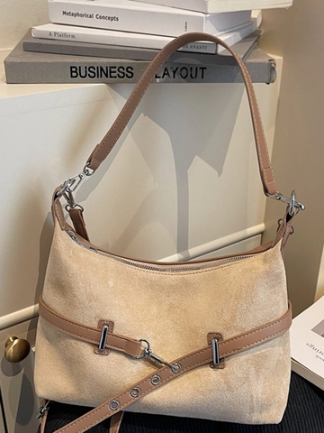 Vintage Women Large Capacity PU Shoulder Bag Minimalist Suede Texture Square Satchel Silver Hardware Office Commuting Bag
