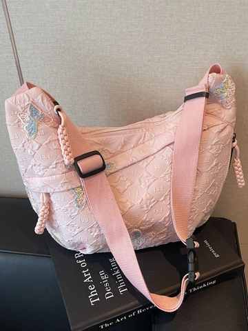 Borsa a Spalla Trapuntata con Ricamo Farfalla da Donna Borsa a Tracolla a Mezzaluna con Tracolla Larga Tote alla Moda Casual Grande Capacità
