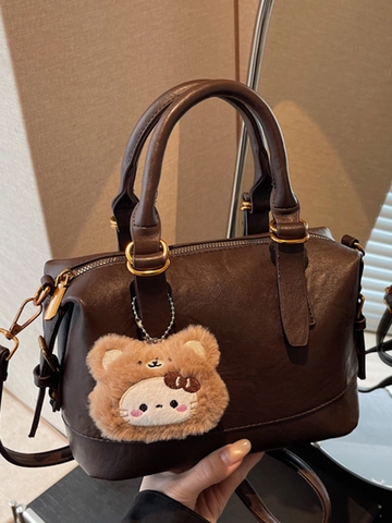 Bolso de Mano Boston Retro Para Mujer De Cuero PU Bolso Bandolera Commuter Con Detalles De Costura Y Colgante De Peluche Opcional