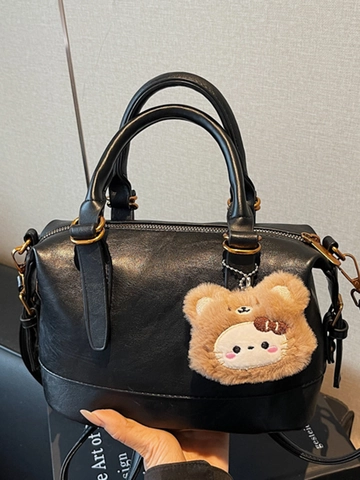 Bolso de Mano Boston Retro Para Mujer De Cuero PU Bolso Bandolera Commuter Con Detalles De Costura Y Colgante De Peluche Opcional