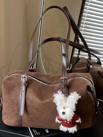 Bolso Tote de Gamuza Vintage de Gran Capacidad para Mujer Bolso de Hombro Urbano Con Correa Ajustable y Colgante de Peluche