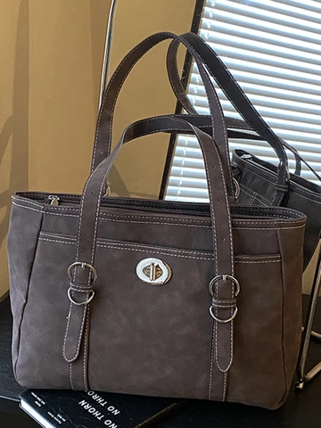 Vintage Large Capacity PU Leather Tote Bag For Women With Contrast Stitching And Metal Turnlock Elegant Retro Shoulder Bag