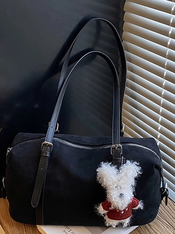 Bolso Tote de Gamuza Vintage de Gran Capacidad para Mujer Bolso de Hombro Urbano Con Correa Ajustable y Colgante de Peluche