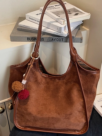 Vintage Große Kapazität Wildleder Tote Bag Für Damen Retro Leopardenmuster Schultertasche Mit Pelzball-Anhänger Pendeln Handtasche
