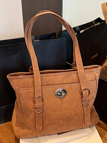 Vintage Large Capacity PU Leather Tote Bag For Women With Contrast Stitching And Metal Turnlock Elegant Retro Shoulder Bag