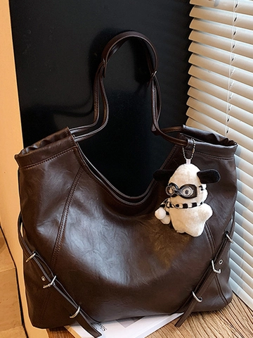 Women Retro PU Leather Large Capacity Tote Bag Commuting Shoulder Bag With Metal Buckle Patchwork Stitching Casual Bag