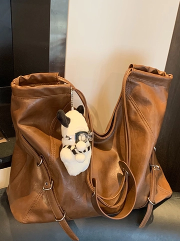 Women Retro PU Leather Large Capacity Tote Bag Commuting Shoulder Bag With Metal Buckle Patchwork Stitching Casual Bag