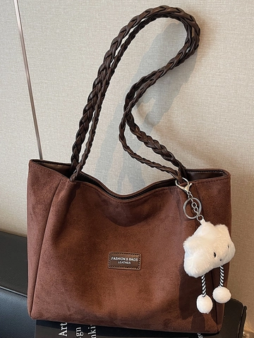 Bolso Tote de Franela de Gran Capacidad para Mujer Bolso de Hombro Urbano Simple con Correa Trenzada Colgante de Nube