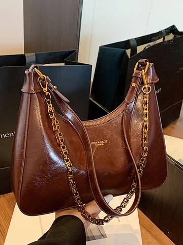 Women Glossy PU Leather Shoulder Bag Retro Minimalist Hobo Bag With Gold Metal Chain Strap Casual Solid Color Handbag