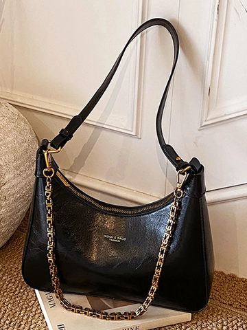 Women Glossy PU Leather Shoulder Bag Retro Minimalist Hobo Bag With Gold Metal Chain Strap Casual Solid Color Handbag
