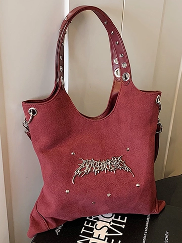 Dames Gothic Punk Canvas Tote Tas Grote Capaciteit Schoudertas Met Gotische Metalen Letters Klinknagels Decor Casual Woon-werkverkeer Handtas
