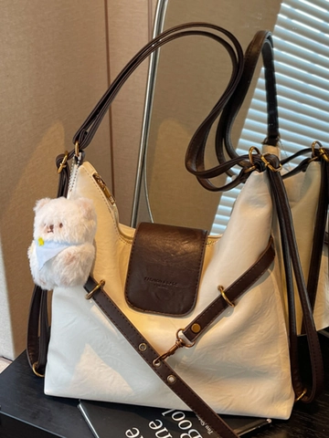 Vintage PU Leer Grote Capaciteit Schoudertas Voor Vrouwen Contrastkleur Tote Tas Met Beer Hanger Voor Kantoor School Dagelijks Woon-Werkverkeer Handtas