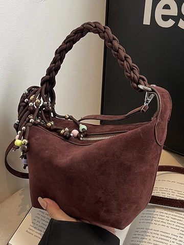Borsa a Spalla da Donna Effetto Scamosciato Con Manico Intrecciato Nappa in Perle Colorate Borsa Retro per Lavoro e Festa