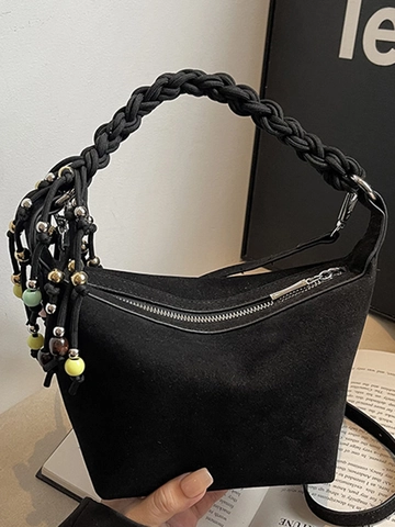 Borsa a Spalla da Donna Effetto Scamosciato Con Manico Intrecciato Nappa in Perle Colorate Borsa Retro per Lavoro e Festa