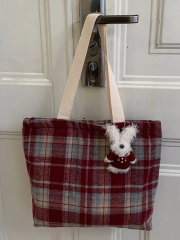Damen Vintage Kariert Wollig Einkaufstasche Große Kapazität Lässige Schultertasche Mit Plüsch Kaninchen Anhänger Elegant Herbst
