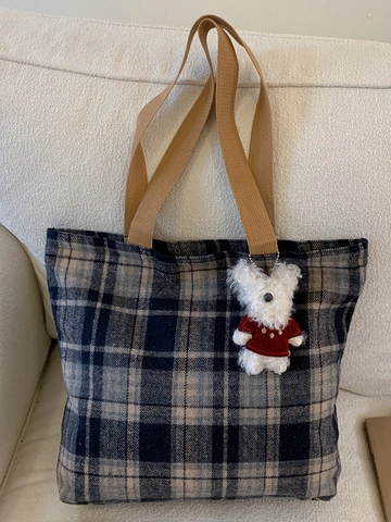 Damen Vintage Kariert Wollig Einkaufstasche Große Kapazität Lässige Schultertasche Mit Plüsch Kaninchen Anhänger Elegant Herbst