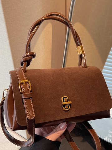 Damen Retro PU Leder Wildleder Patchwork Quadratische Handtasche Elegante Schulter Umhängetasche Mit Metallschloss Mode Alltag Tasche