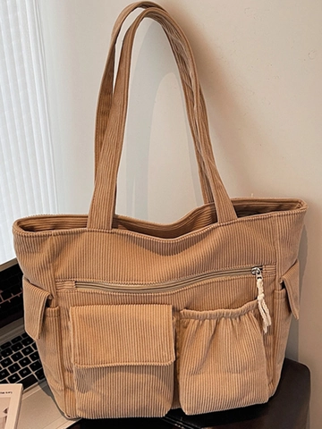 Dames Grote Capaciteit Corduroy Schoudertas Multi Zak Tote Bag Stedelijk Eenvoudig Student Schooltas Casual Handtas Boodschappentas