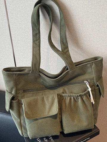Dames Grote Capaciteit Corduroy Schoudertas Multi Zak Tote Bag Stedelijk Eenvoudig Student Schooltas Casual Handtas Boodschappentas
