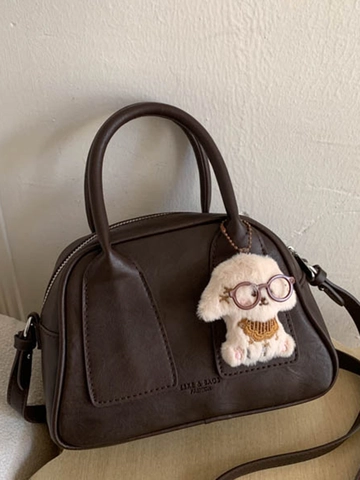 Damen Retro PU-Leder Schultertasche Bowling Handtasche Mit Süßem Plüsch Hund Anhänger Umhängetasche Urban Minimalistisch Henkeltasche